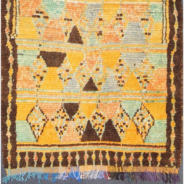 Textile Mid 20th Century Long Vintage Moroccan Runner With Tribal Design in Orange, Brown, Blue and Green For Sale - Image 7 of 13