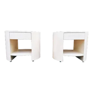 1970s Linen Wrapped Oval Nightstands or End Tables - Set of 2