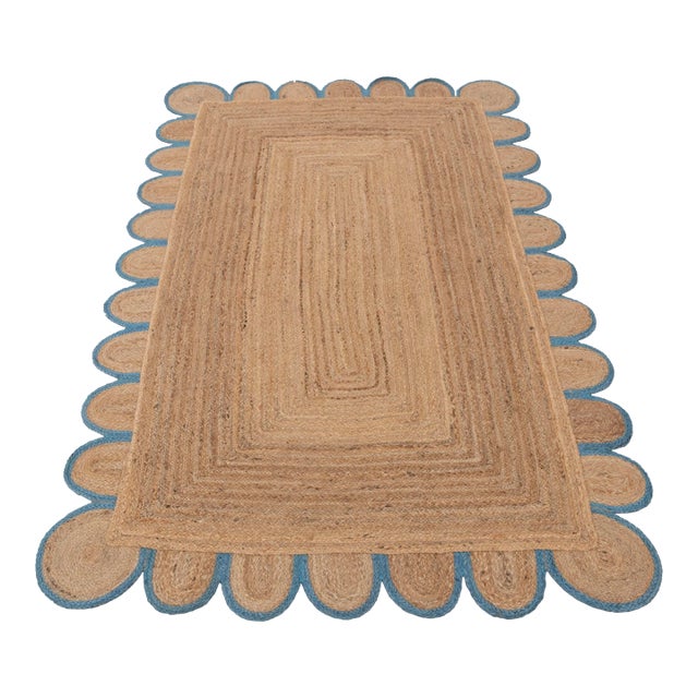 French Blue Scallop Edge Jute Rug 10x14 Ft. For Sale