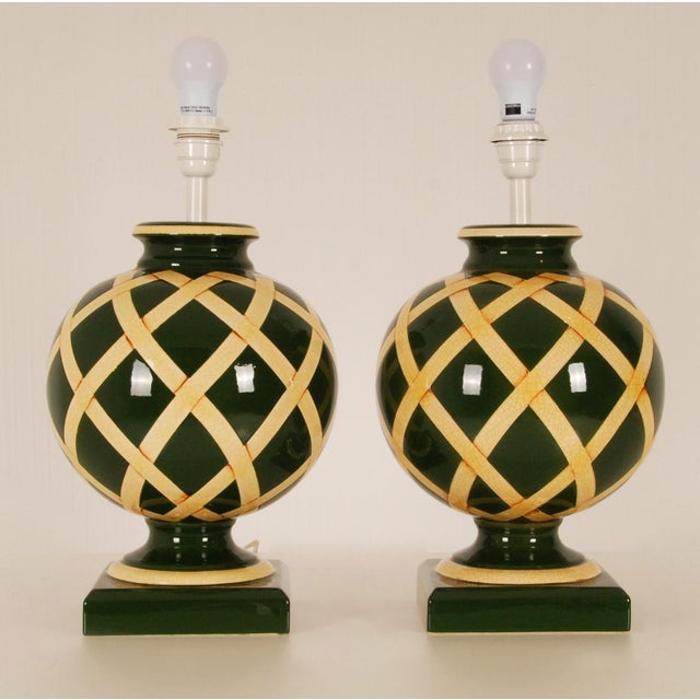 Vintage French Table Lamps Country Style Table Lamps Green Cream English - A Pair For Sale - Image 6 of 12