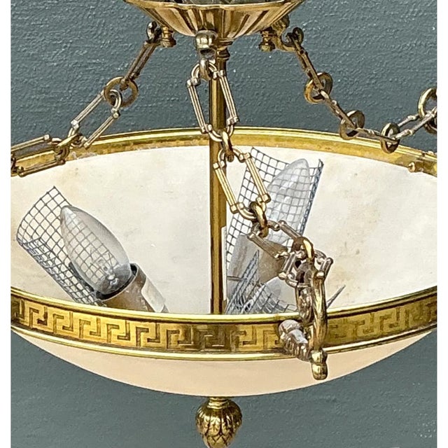 Vintage Metal and Glass Greek Key Pendant Light For Sale - Image 10 of 12