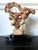 A Chinese scholar stone in an upright mushroom form displayed on a custom wood stand. Wonderful and well-balanced, the...