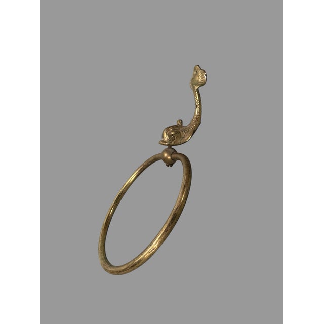 Vintage Brass Finish Figural Dolphin Koi Fish Wall Hanging Towel Ring Holder In good original condition showing some...