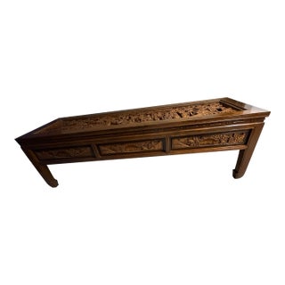 Vintage Mid-Century South East Asian Hand-Carved Teak Coffee Table - Detailed Relief Scene For Sale
