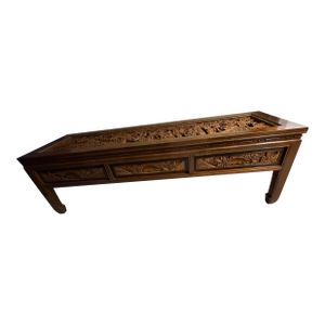 Vintage Mid-Century South East Asian Hand-Carved Teak Coffee Table - Detailed Relief Scene