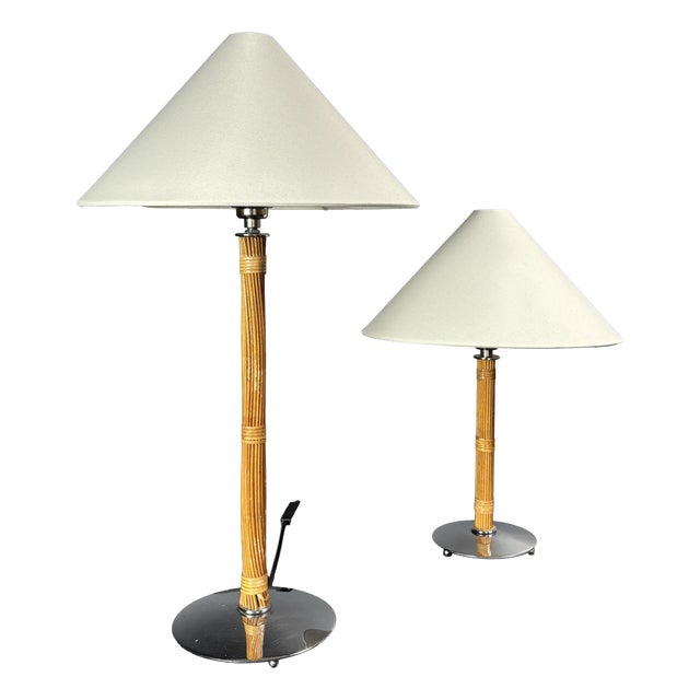 Pencil Reed Rattan Bamboo and Chrome Table Lamps, 1980s, Set of 2 For Sale