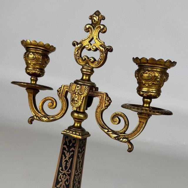 Wood 19th Century Antique French Brass and Ebony 2-Light Candelabras, Set of 2 For Sale - Image 7 of 10