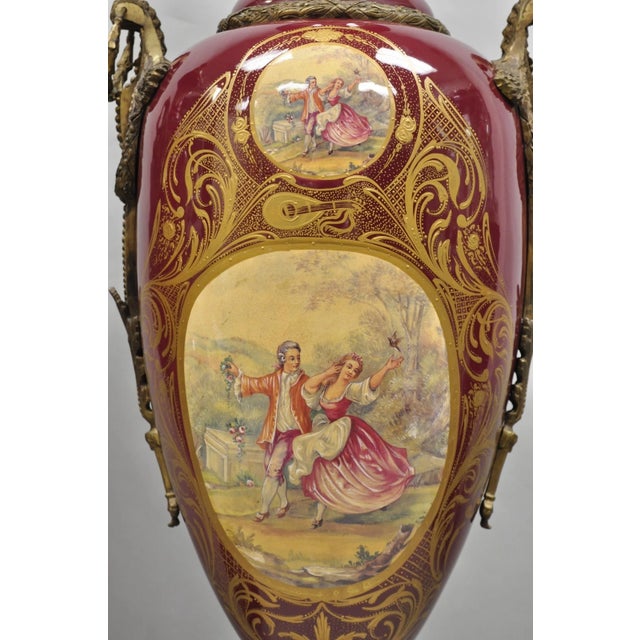 Vintage Palace Size French Sevres Style Red Porcelain Revolving Covered Urn Pair For Sale In Philadelphia - Image 6 of 18