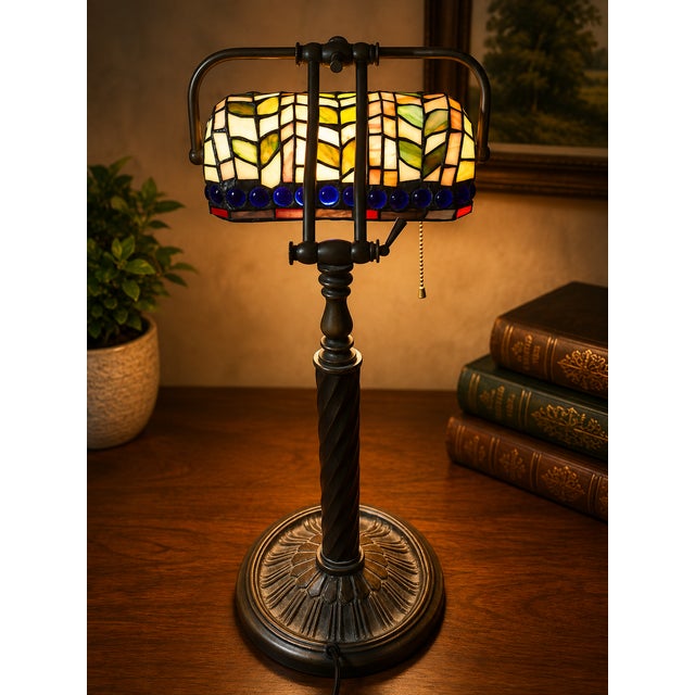 Vintage Mid-Century Modern Tyffany Style Bankers Desk Lamp For Sale - Image 4 of 8