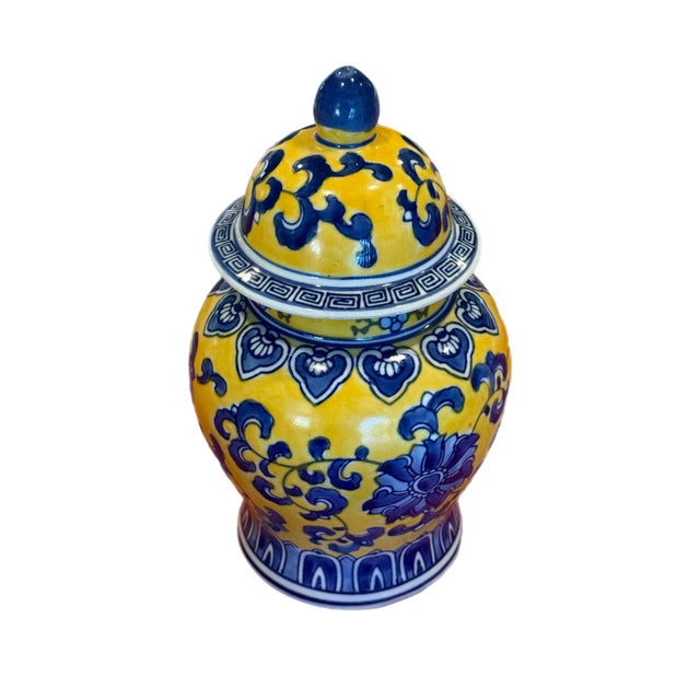 Late 20th Century Late 20th Century Yellow & Blue Chinoiserie Ginger Jar For Sale - Image 5 of 7