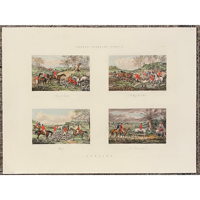 Pair of 1950s handcolored engravings of fox hunting scenes original published as Fore's Sporting Scraps in the 19th...