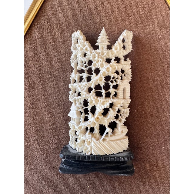Chinese Mid 20th Century Framed Hand Carved Bone Wall Art Pair Pagoda & Flower For Sale - Image 3 of 11