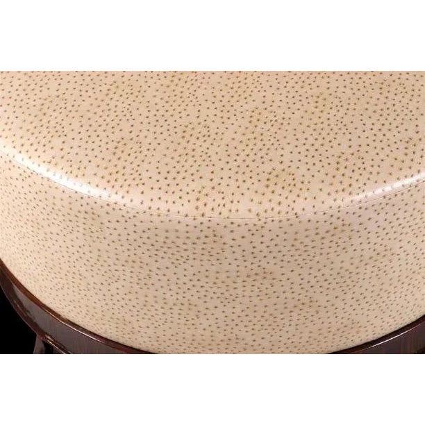 Mid-Century Modern Round Ostrich Ottoman, Center Tuft & Zebrawood Feet For Sale - Image 3 of 4