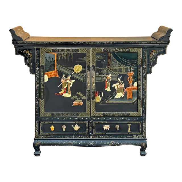 Vintage Chinoiseries Black & Stone Inlay Graphic Credenza Storage Cabinet For Sale