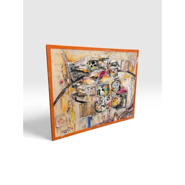 Exceptional original mixed-media abstract painting by A. Avner, signed and dated 1995 at the lower left. This richly...