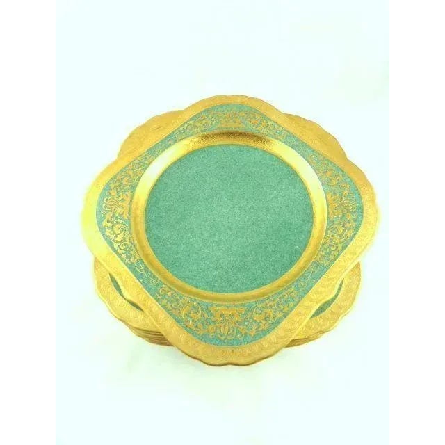 1920s Royal Worcester Green With Elaborate Gilt Trim Square Luncheon Plates - Set of 8 For Sale - Image 5 of 6