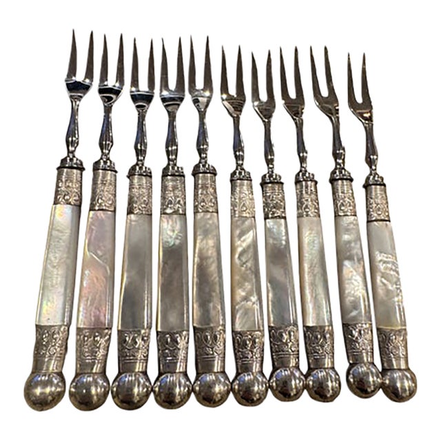 Antique Set of 10. Sheffield Relish Forks. Mother of Pearl/Sterling Silver Cuff/Stainless Steel Utensil. For Sale