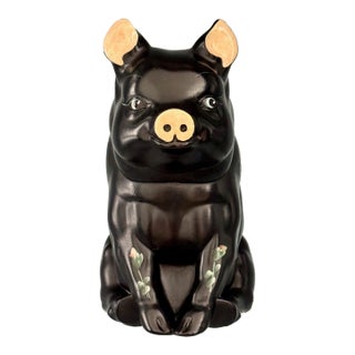 1950s Alexander Backer Chalkware Large Black Piggy Bank With Original Hand Painted Roses For Sale