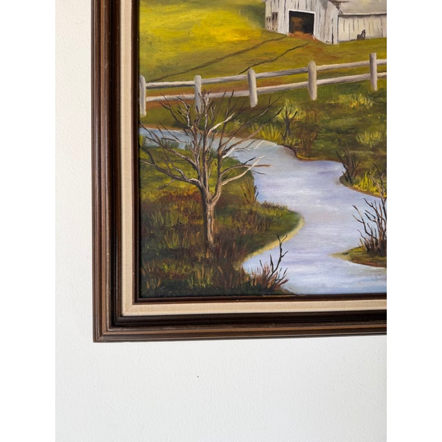Wood 1970’s Vintage Impressionist Farm River Landscape Oil on Canvas Painting, Framed For Sale - Image 7 of 11