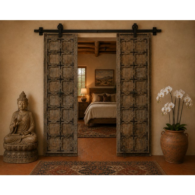 This outstanding door from Gujarat, c. 1880-1900, of 16 small panels per side, has beautiful carved moldings around each...