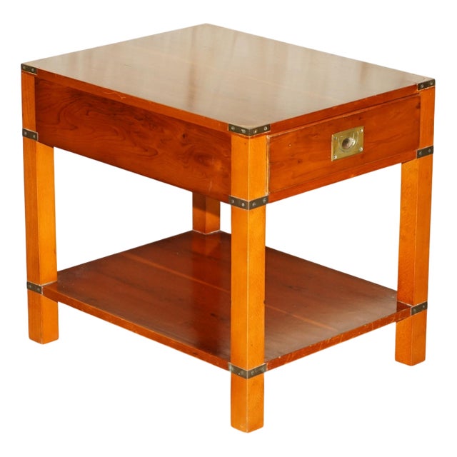 Military Campaign Style Yew Wood Side Table with Drawer For Sale