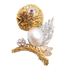 Mid 20th Century Bird Motif Brooch Featuring Diamonds, Baroque Pearl, and Ruby