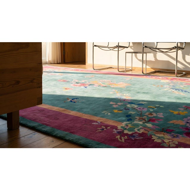 1920s Green Floral Antique Chinese Art Deco Rug 9' X 11'8" Handknotted Wool Carpet For Sale - Image 14 of 16
