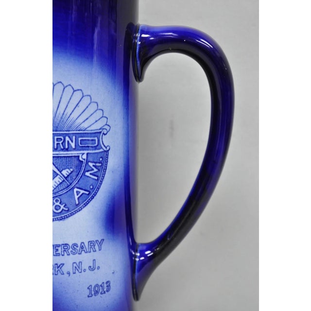 Blue Antique 1913 60th Anni Northern Lodge No. 25 Masonic Cobalt Blue Ceramic Pitcher For Sale - Image 8 of 16