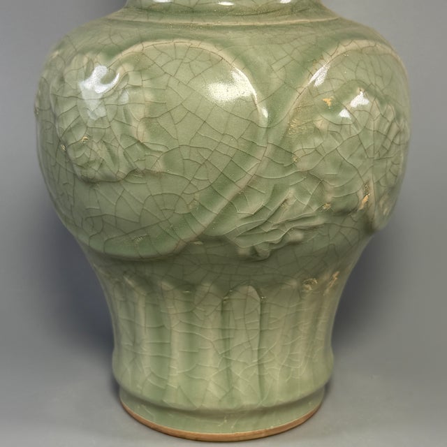 Chinese Antique Chinese Longquan Celadon Carved Floral Vase For Sale - Image 3 of 8