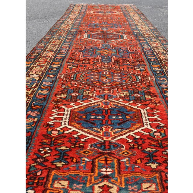 Textile Antique Serapi Runner With Bold Geometric Medallions and Rich Tribal Design Motifs 3'3" X 14'0" For Sale - Image 7 of 13