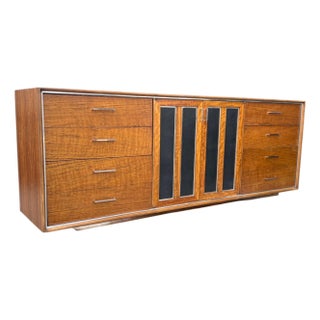 Mid-Century Modern Walnut Credenza With Black Panel Doors Floating Base For Sale