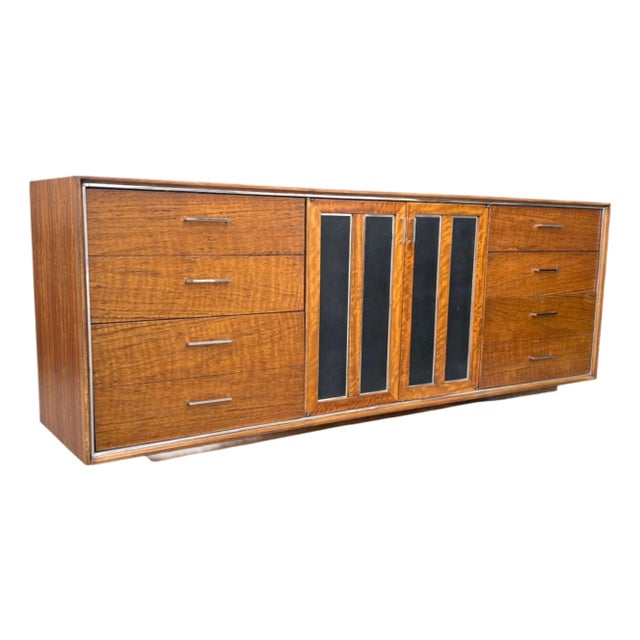 Mid-Century Modern Walnut Credenza With Black Panel Doors Floating Base For Sale