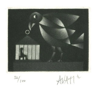 Bird and Cage - Original Etching on Paper by Mario Avati - 1970s 1970s For Sale