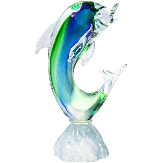 Mid-Century Modern Vintage Handblown Italian Blue & Green Murano Art Glass Dolphin For Sale - Image 3 of 11
