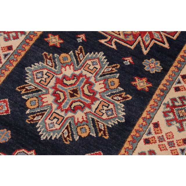 Bohemian Kazak Karina Blue/Beige Wool Runner Rug- 2'8''x7'9'' For Sale - Image 4 of 10