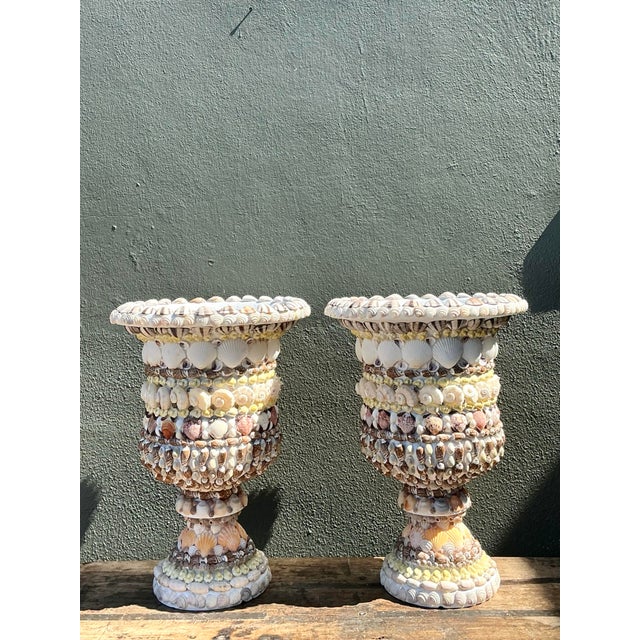 Late 20th Century Vintage Shell Encrusted Resin Urns - A Pair For Sale - Image 5 of 12