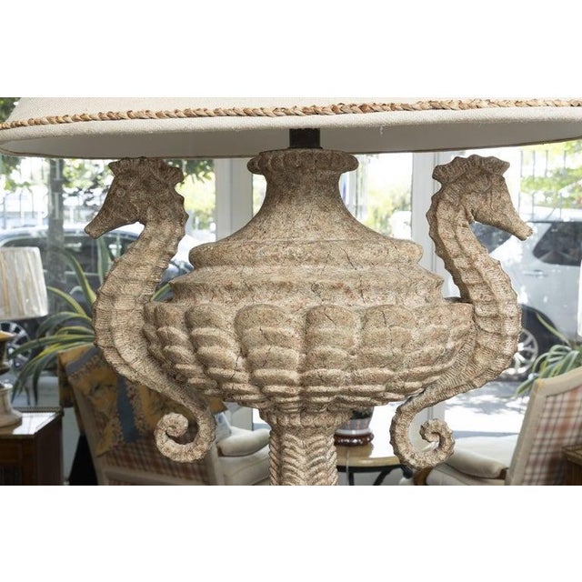 Pair of Monumental Carved Stone Sea Horse Urn Lamps For Sale - Image 4 of 8