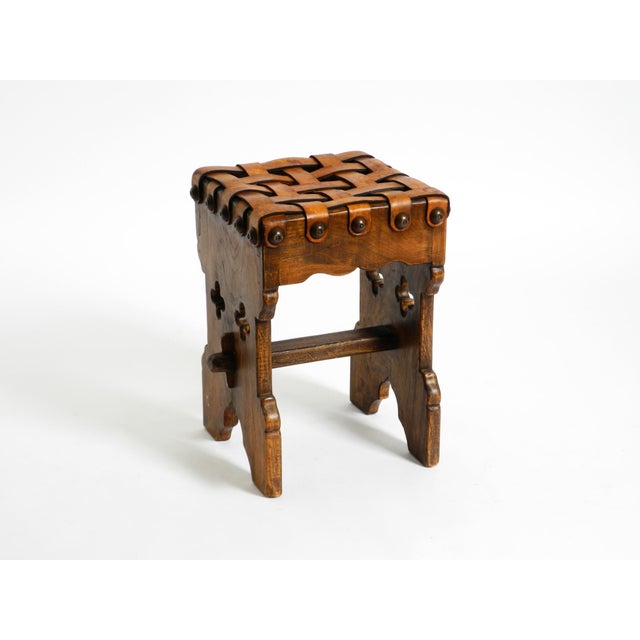 Wood Vintage Oak Stool with Seat in Leather Straps, 1940s For Sale - Image 7 of 18