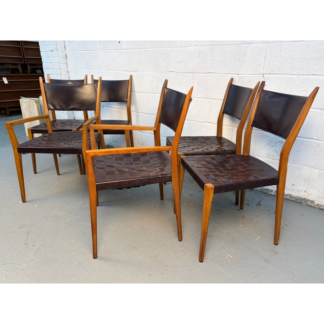 Contemporary Mid 20th Century Attributed to Paul McCobb for Directional Irwin Collection Woven Leather Dinning Chairs For Sale - Image 3 of 14