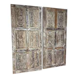 Vintage Natural Carved Wood Doors | Rustic Barn Doors | Handcrafted Statement Entryway 80x36 For Sale