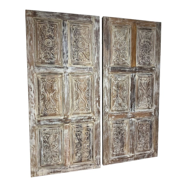 Vintage Whitewashed Carved Library Doors | Limewash Double Barn Doors | Handcrafted Statement Entryway For Sale