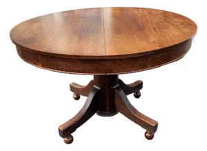 Antique Art & Craft Regency Style Tiger Oak Extendsion Round Dining Table With 4 Leaves