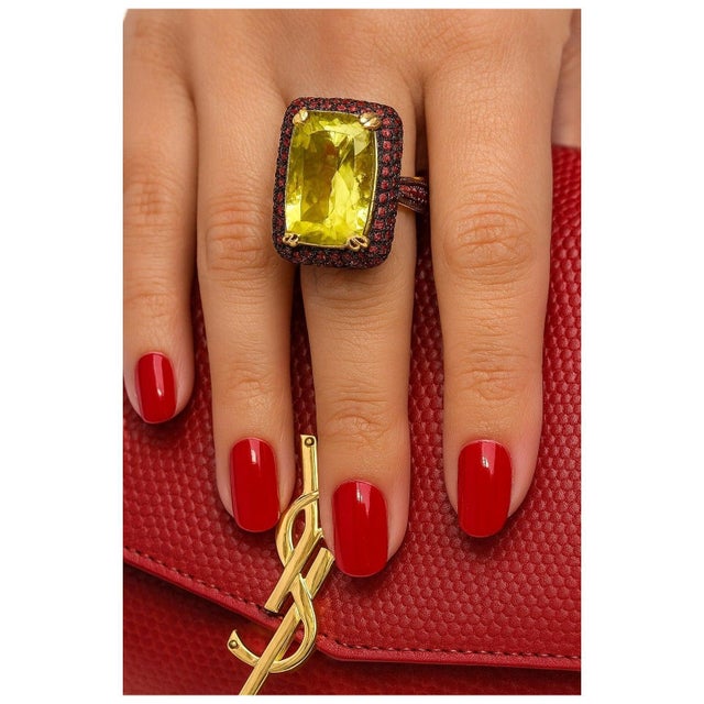 Art Deco Bochic “Orient” Vintage Natural Ruby & Lemon Quartz Ring Set In 18 K Gold & Silver For Sale - Image 3 of 9