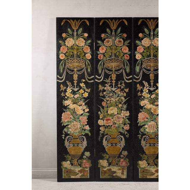 Black Lacquer Chinese Four-Panel Screen with Polychrome Floral Décor For Sale - Image 10 of 12
