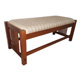 Stickley Bench Cherry Mission Spindle Bench With Gold Fabric and With Central Valley Finish For Sale