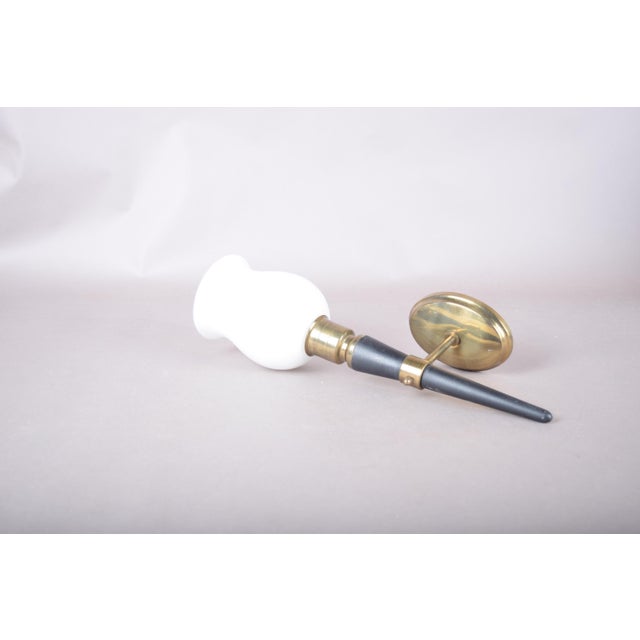 1950s Black Lacquered Horn-Form Wall Lamp with Brass Mount and Opaline Glass Shade, 1950s For Sale - Image 5 of 8