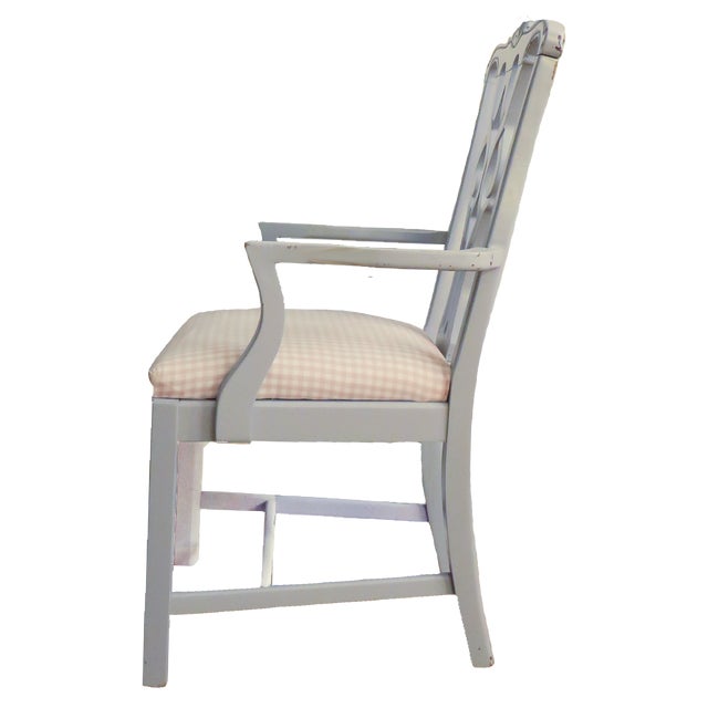 Late 20th Century 20thC Painted Chippendale-Style Armchairs, Pale Gray/ Taupe Gingham Seats - A Pair For Sale - Image 5 of 8