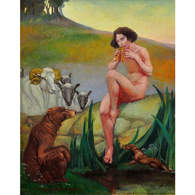 Margaret Maitland Howard. English ( b.1898 - d.1983 ). Pan, God of Nature, Playing Panpipes. Oil on Canvas. Signed Lower...