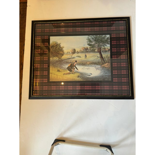 Mid 20th Century Pair of Scottish Fishing Prints With Plaid Mats and Black and Gold Frames. For Sale - Image 5 of 5