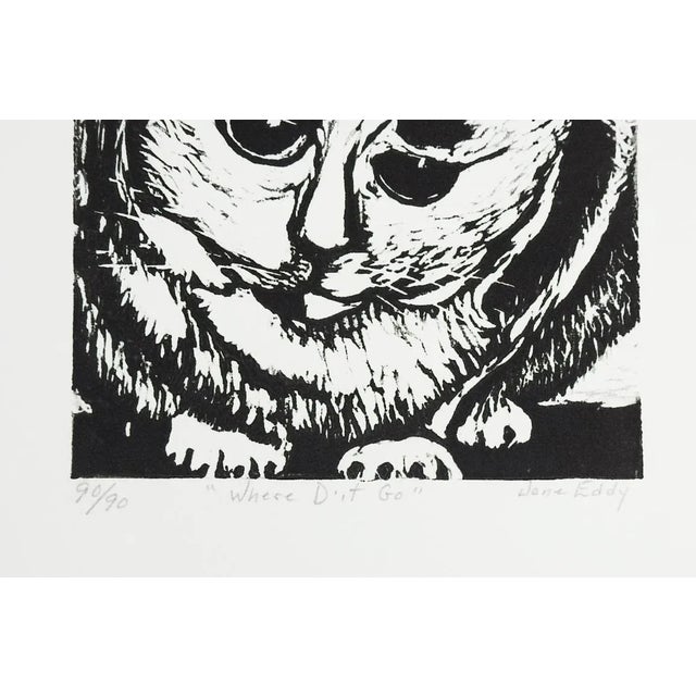 Late 20th century block print on paper of cat by Jane J. Eddy (1922-2019) American. Signed, numbered 90/90 and titled...